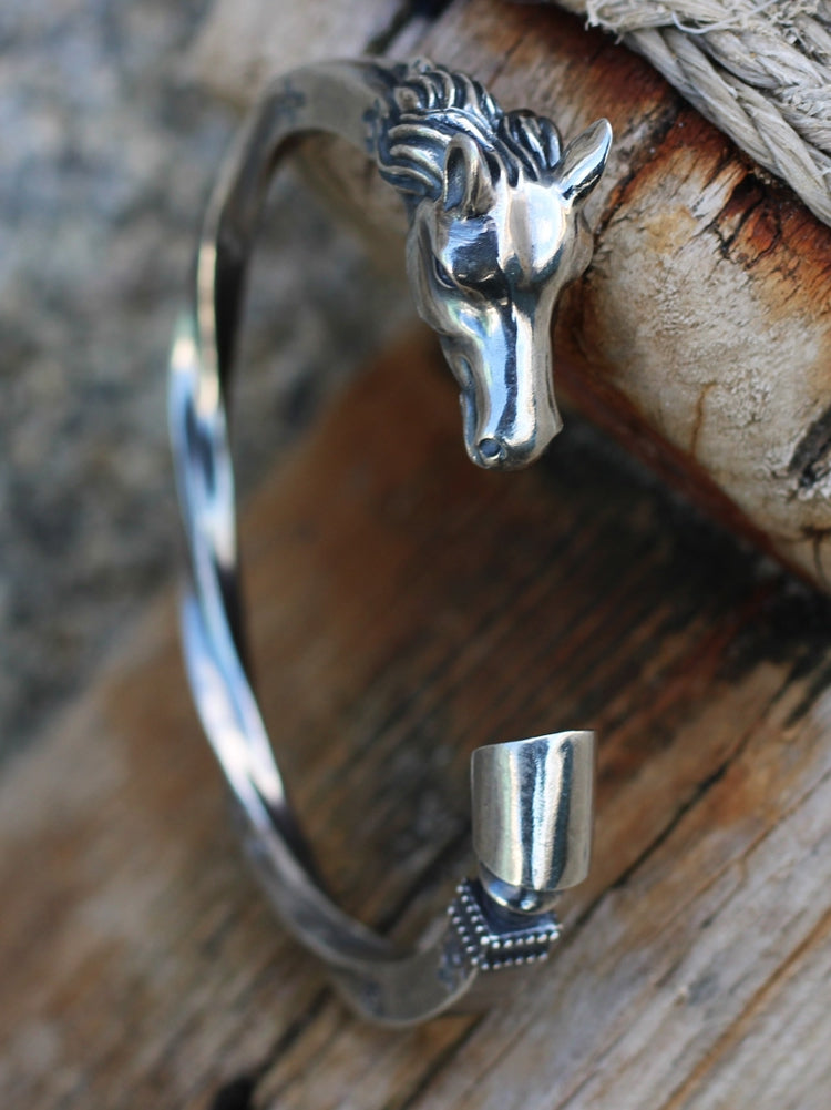 Handmade Men's Viking Bracelet  - Sterling Silver Horse Head