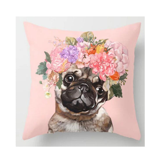 Pug and Flowers Cushion Cover