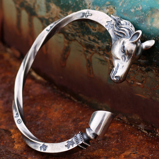 Handmade Men's Viking Bracelet  - Sterling Silver Horse Head